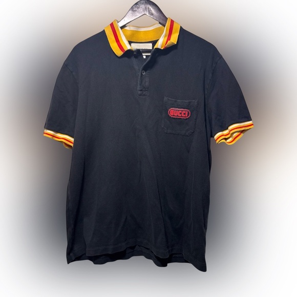 GUCCI Mens XXL Black Pocket Polo Shirt Authentic Badge Logo Kanako made in Italy